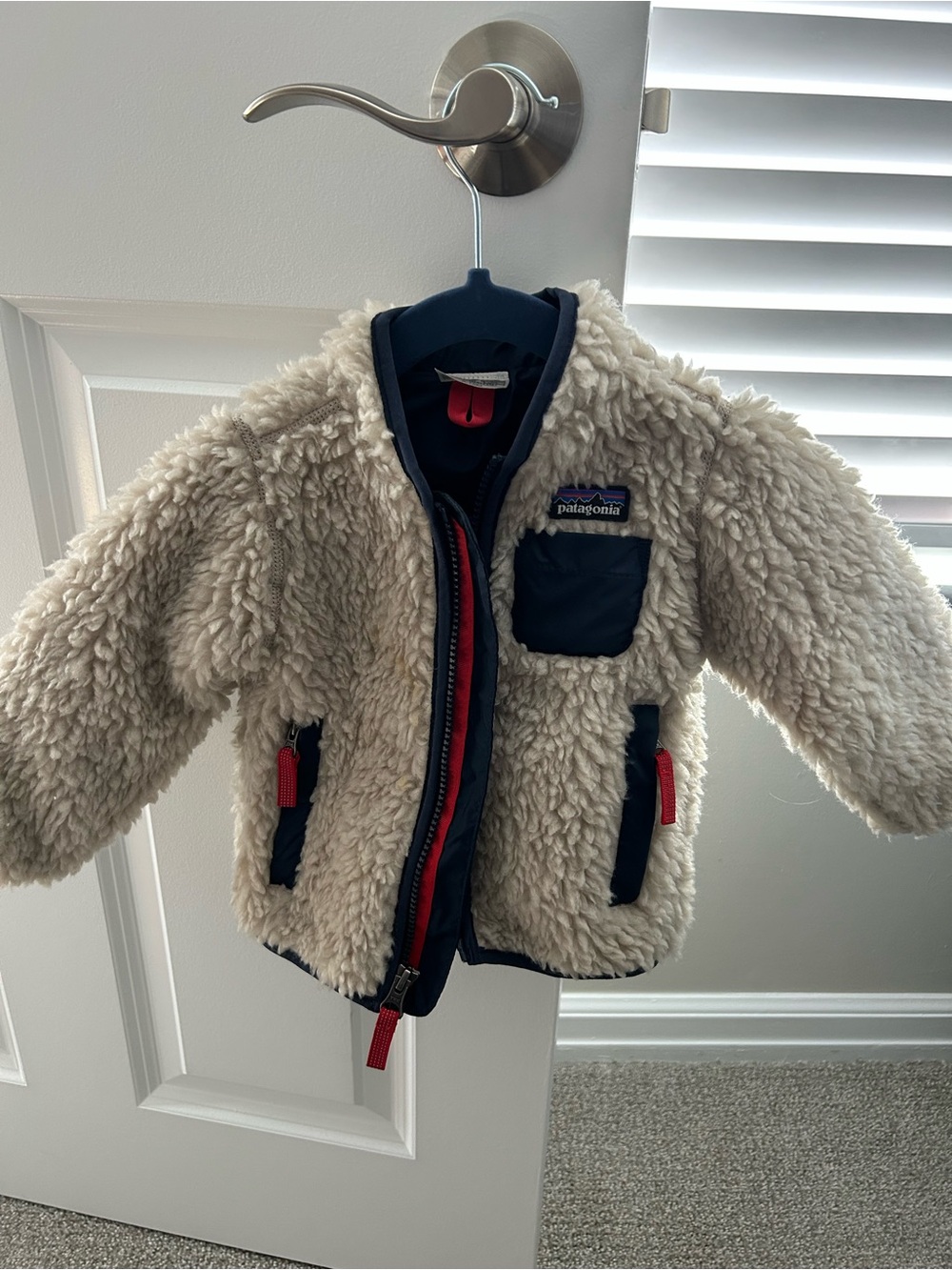 Patagonia Kids Cream Retro X Sherpa Jacket with Navy Trim and Red Accents